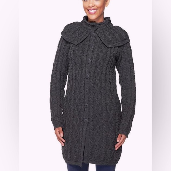Aran Craft Merino Wool Long Cardigan with Capelet - Picture 1 of 14